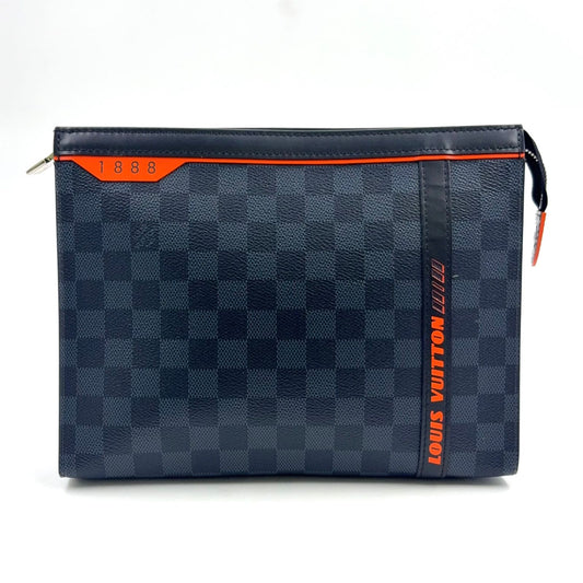 Louis Vuitton Pochette Voyage MM Damier Cobalt Leather Orange Navy Black Clutch