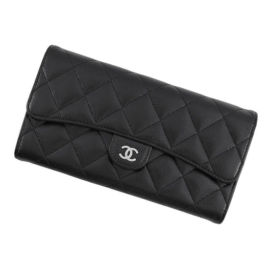 Chanel Wallet Classic Long Flap Quilted CC Logo Caviar Leather Black