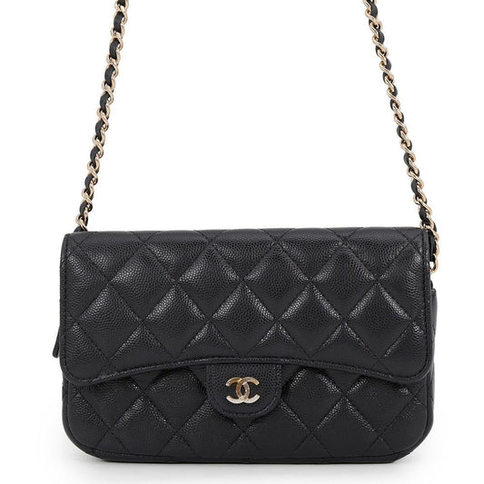 Chanel Chain Shoulder Bag Flap Phone Case Quilted CC Logo Caviar Leather Black