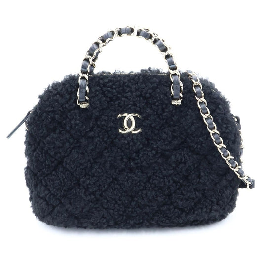 Chanel CC Logo Fleece 2-Way Shoulder Bag Black Leather Gold
