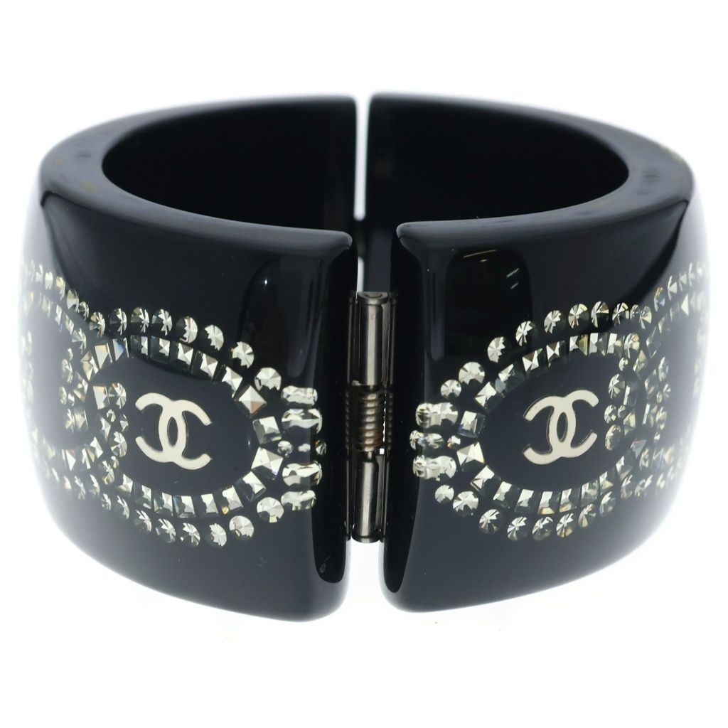 Chanel CC Logo Rhinestone Bangle Bracelet Black — view 4