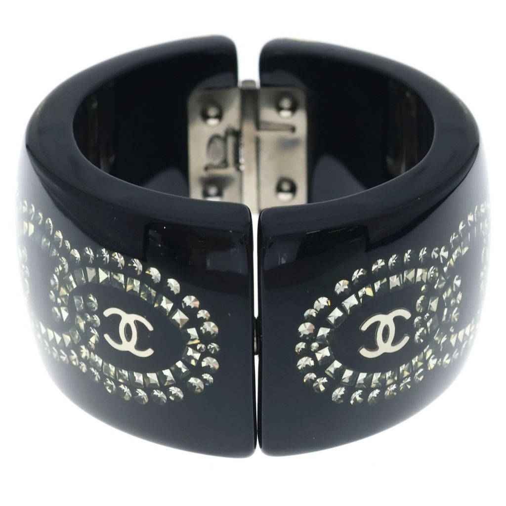 Chanel CC Logo Rhinestone Bangle Bracelet Black — view 3