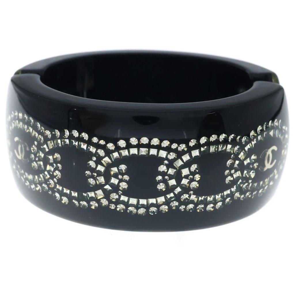 Chanel CC Logo Rhinestone Bangle Bracelet Black