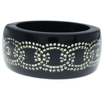 Chanel CC Logo Rhinestone Bangle Bracelet Black — view 2