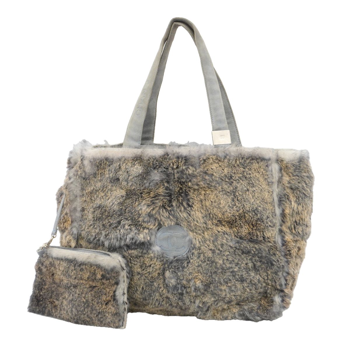 Chanel Tote Rabbit Fur Brown Light Blue Silver