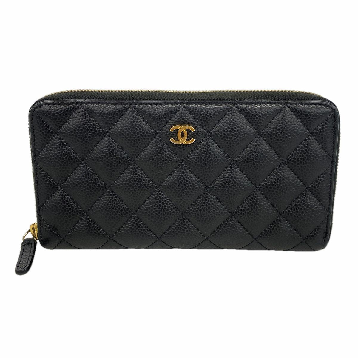 Chanel Wallet Quilted Caviar Leather Black Gold