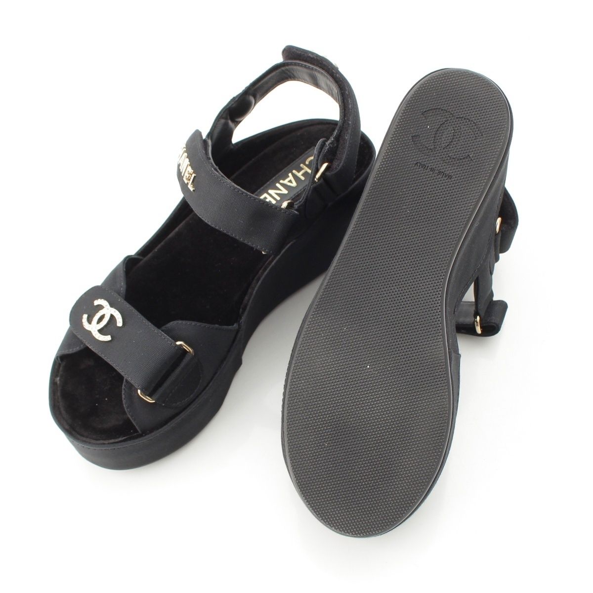 Chanel Rhinestone CC Logo Velcro Sandals Shoes Black 38C — view 5
