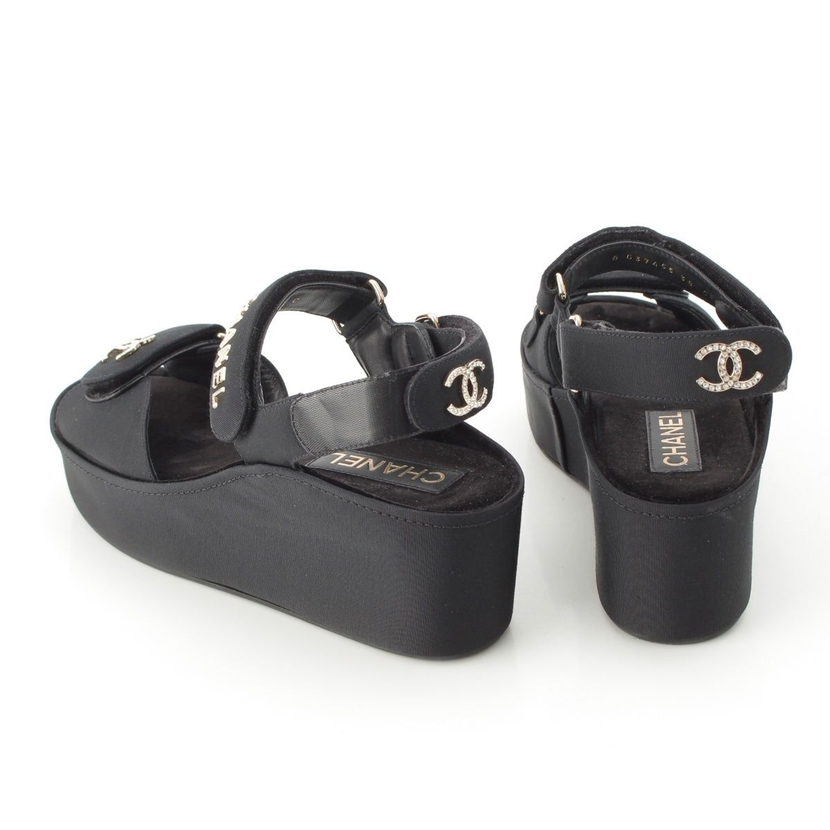 Chanel Rhinestone CC Logo Velcro Sandals Shoes Black 38C — view 4