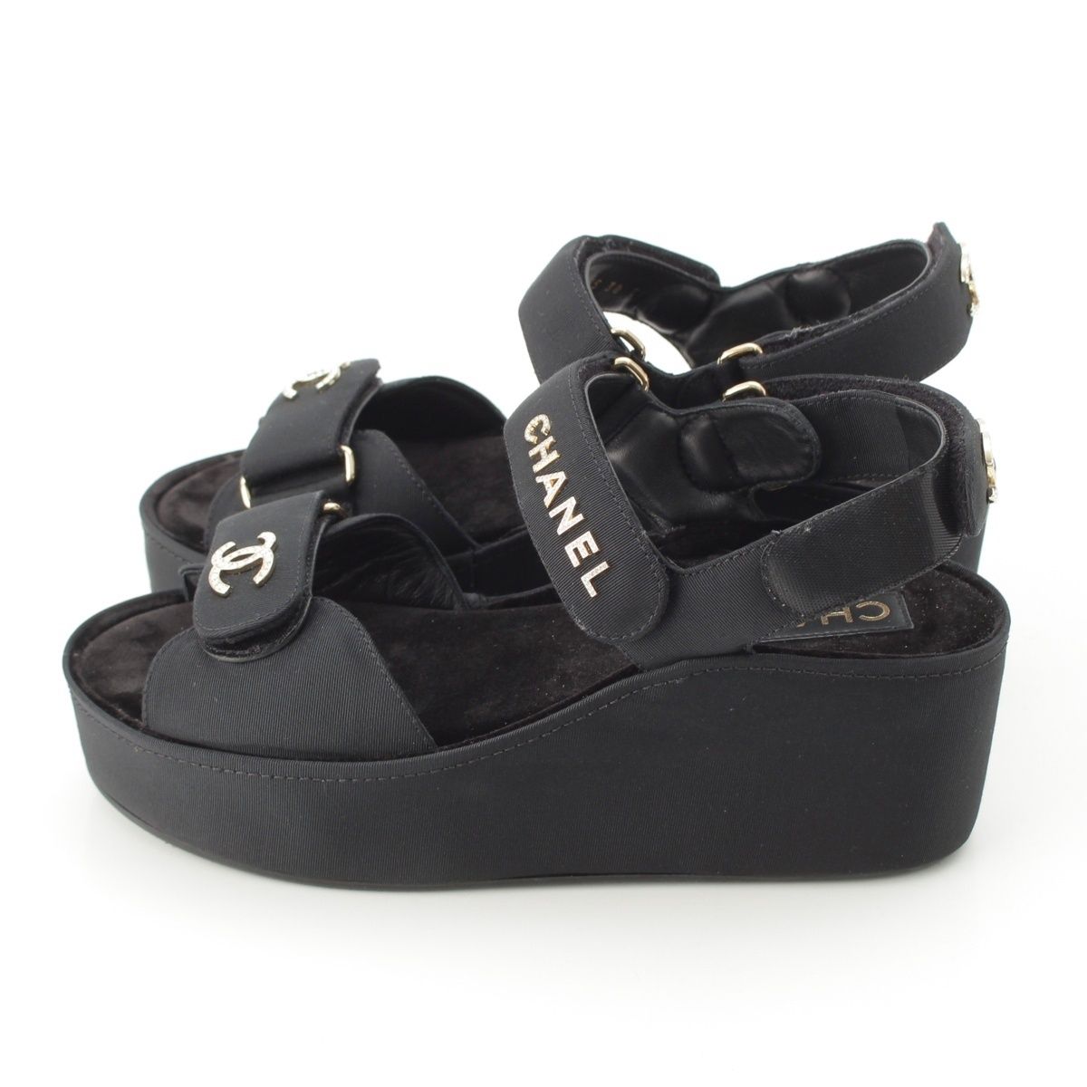Chanel Rhinestone CC Logo Velcro Sandals Shoes Black 38C — view 3