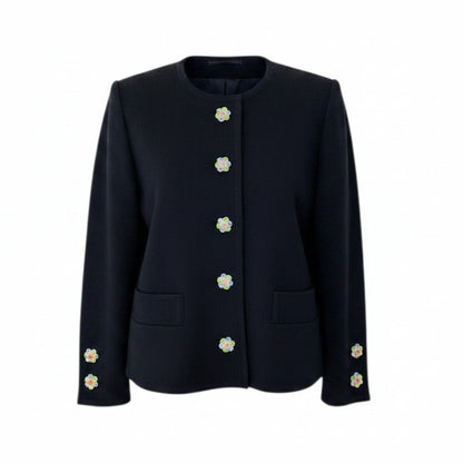 Saint Laurent Bijou Button Collarless Knit Jacket Black Wool