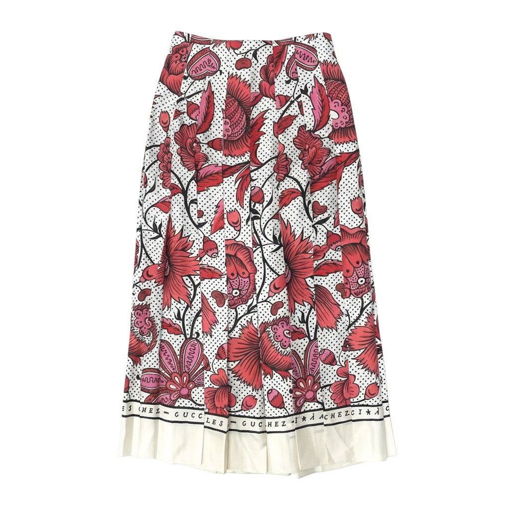 Gucci Floral Pleated Long Skirt Retro Modern All Over Print Rosso Red Silk
