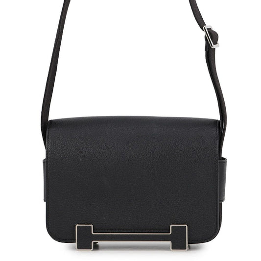 Hermes Shoulder Bag Geta Black Silver Chevre Mysore