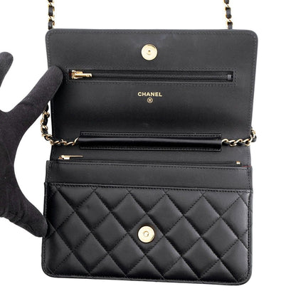 Chanel Chain Wallet Classic Quilted CC Logo Lambskin Black Shoulder Bag — view 5