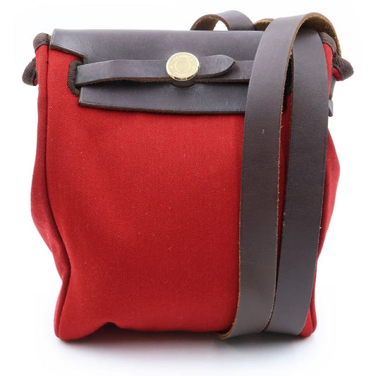 Hermes Herbag TPM Shoulder Bag Orange Red Brown Toile Officier Calfskin Silver