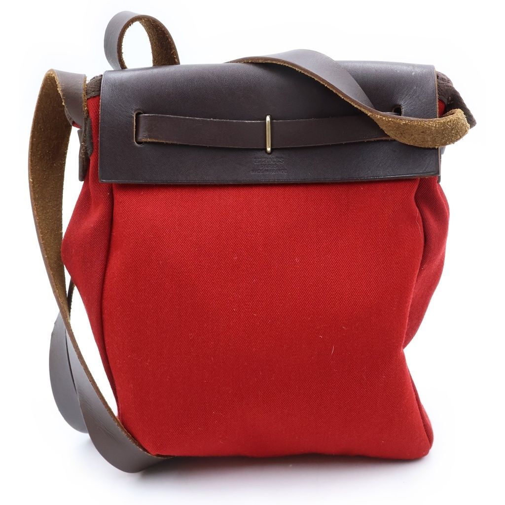 Hermes Herbag TPM Shoulder Bag Orange Red Brown Toile Officier Calfskin Silver — view 2