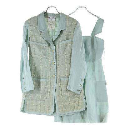 Chanel Silk Blend Linen CC Logo Jacket Dress Light Green