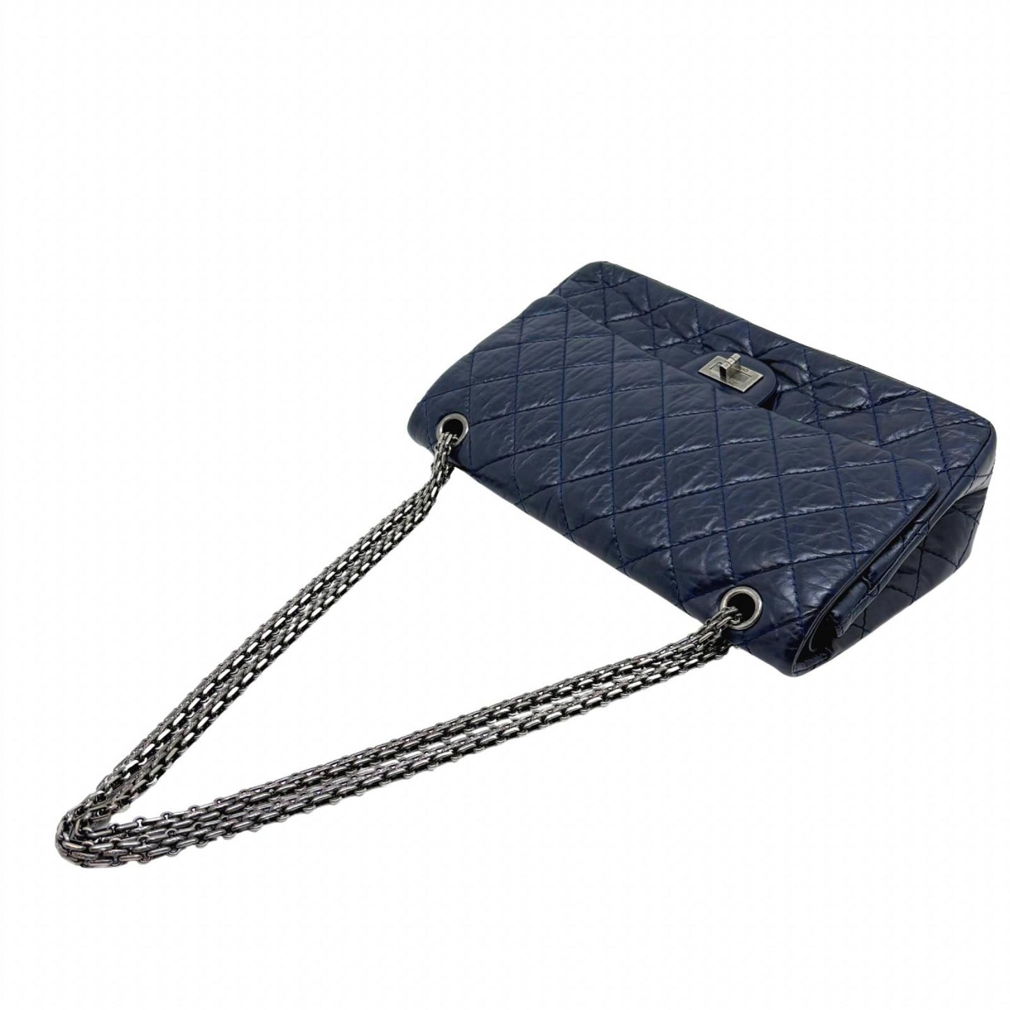 Chanel 2.55 Large Flap Shoulder Bag Aged Calfskin Navy Silver Mademoiselle Lock — view 5