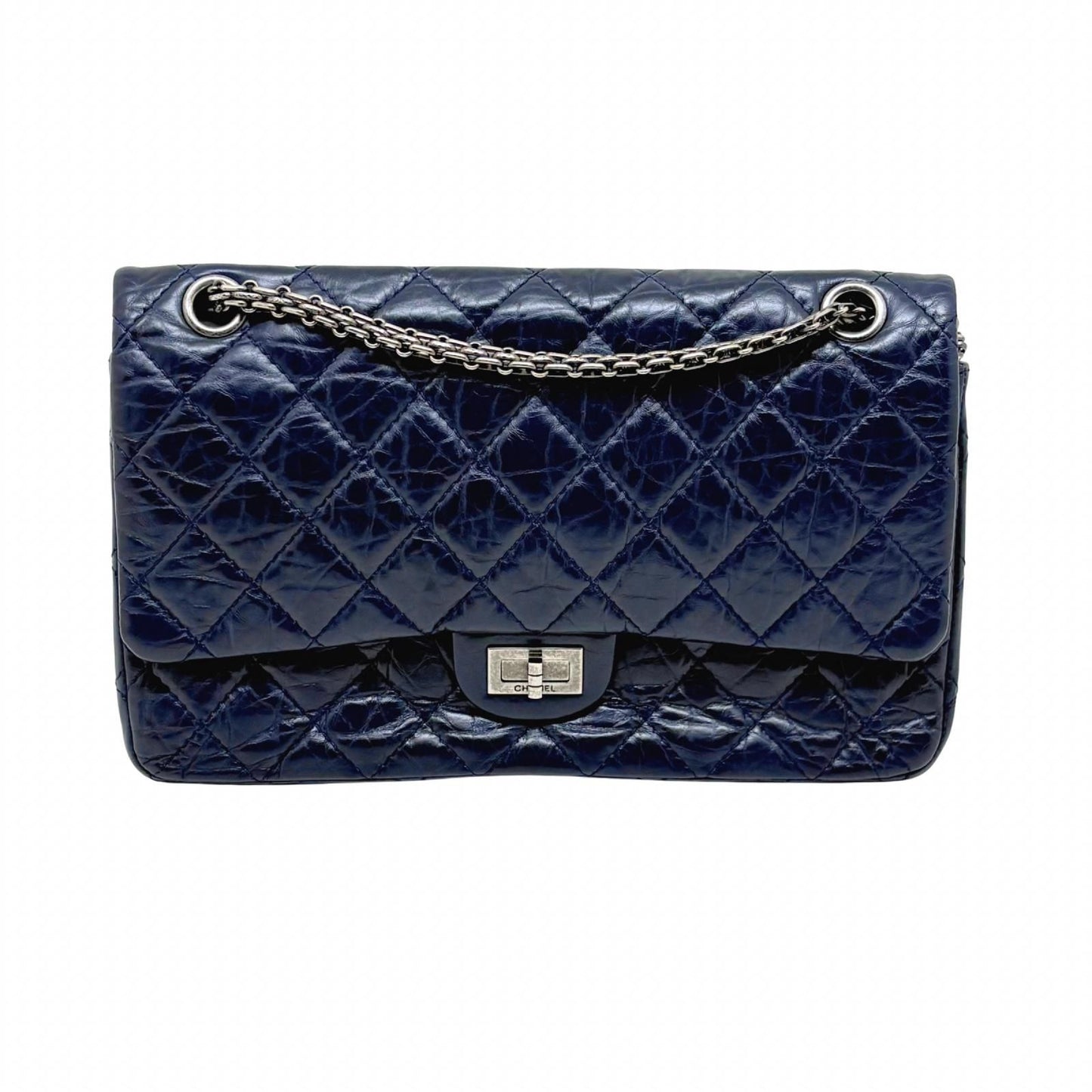 Chanel 2.55 Large Flap Shoulder Bag Aged Calfskin Navy Silver Mademoiselle Lock