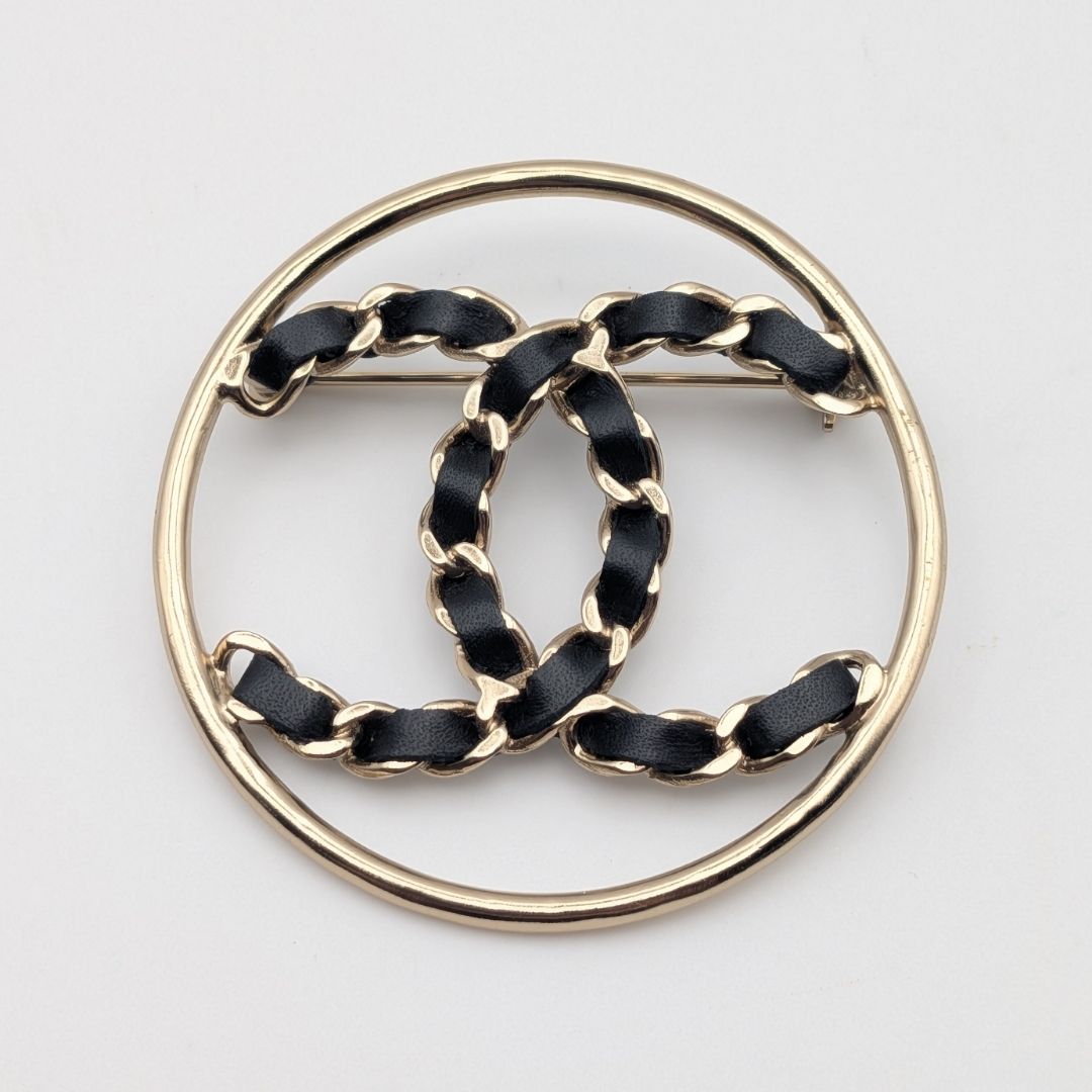 Chanel Brooch CC Logo Leather Chain Gold Black Circle Sheer Recent Model