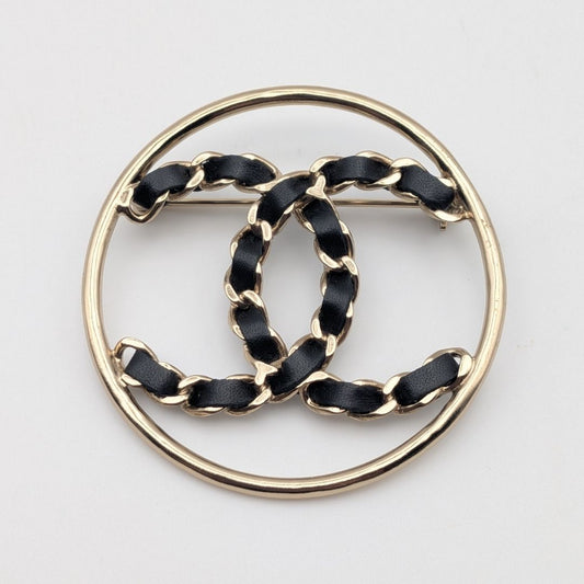 Chanel Brooch CC Logo Leather Chain Gold Black Circle Sheer Recent Model