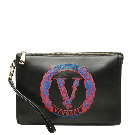 Versace Clutch Logo Embroidery Design Black Leather