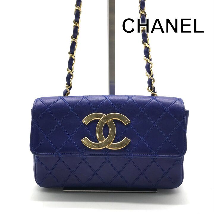 Chanel Bicolor Chain Shoulder Bag Big CC Logo Gold Quilted Blue