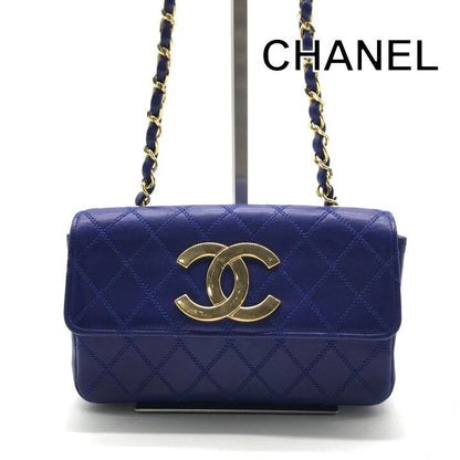 Chanel Bicolor Chain Shoulder Bag Big CC Logo Gold Quilted Blue