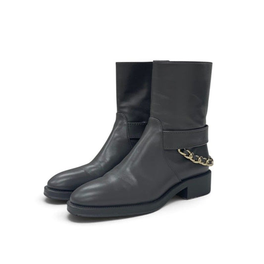 Chanel Boots Short Shoes Leather Gray Gold CC Logo Chain