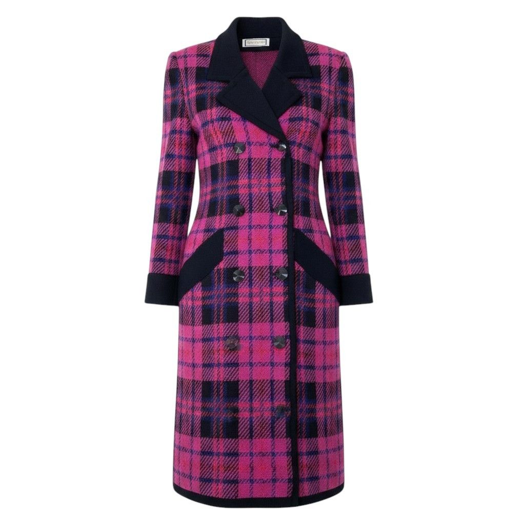 Saint Laurent Double Breasted Chesterfield Knit Coat Plaid Multicolor Wool