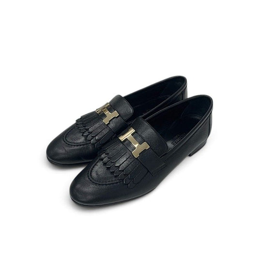 Hermes Royale Loafers Leather Shoes Black Gold H Fringe Moccasins Flats