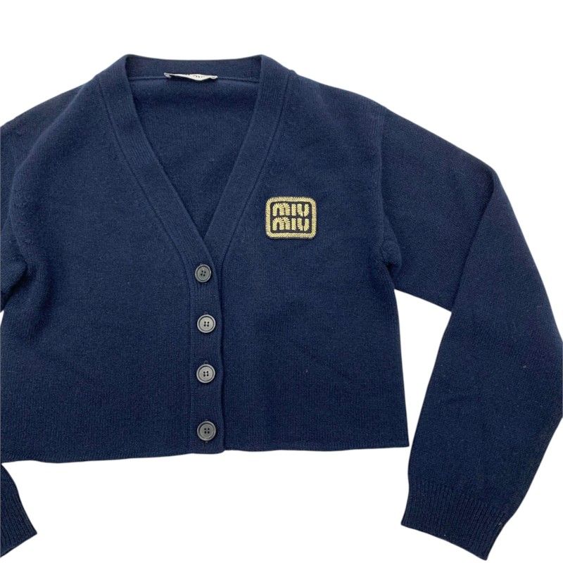 Miu Miu Top Cashmere Navy Gold Cropped Logo Knit Cardigan — view 5