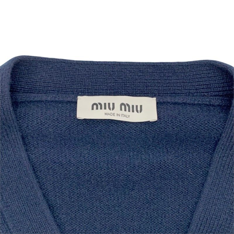 Miu Miu Top Cashmere Navy Gold Cropped Logo Knit Cardigan — view 6