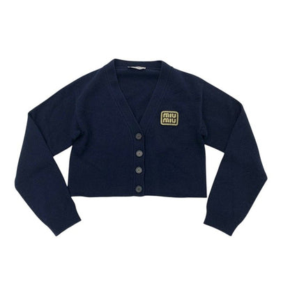 Miu Miu Top Cashmere Navy Gold Cropped Logo Knit Cardigan — view 4