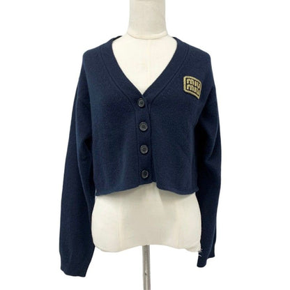 Miu Miu Top Cashmere Navy Gold Cropped Logo Knit Cardigan