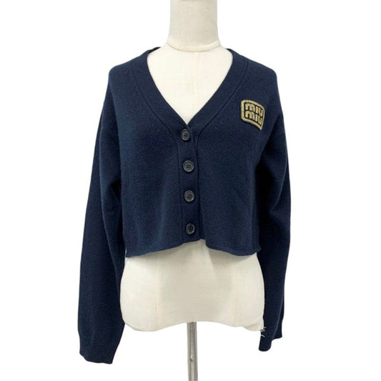 Miu Miu Top Cashmere Navy Gold Cropped Logo Knit Cardigan