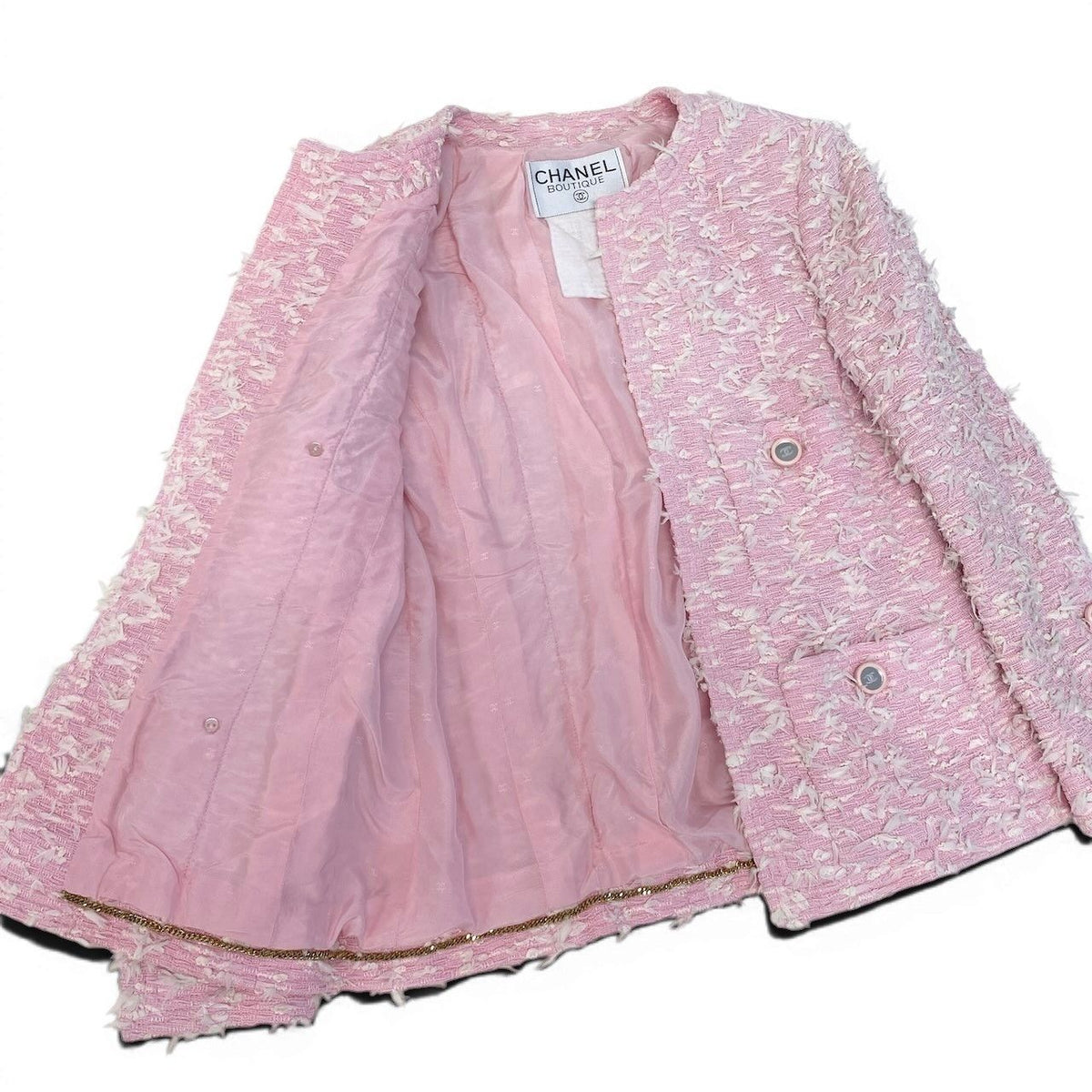 Chanel Boutique Fancy Tweed Jacket Pockets CC Logo Mirror Button Pink — view 5