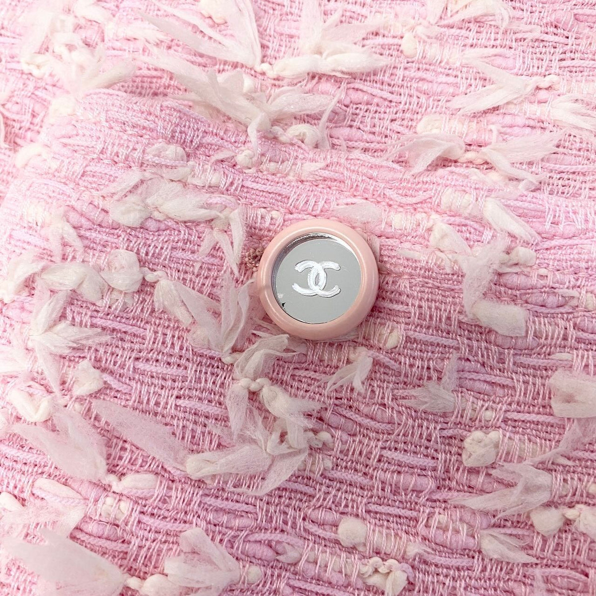 Chanel Boutique Fancy Tweed Jacket Pockets CC Logo Mirror Button Pink — view 8