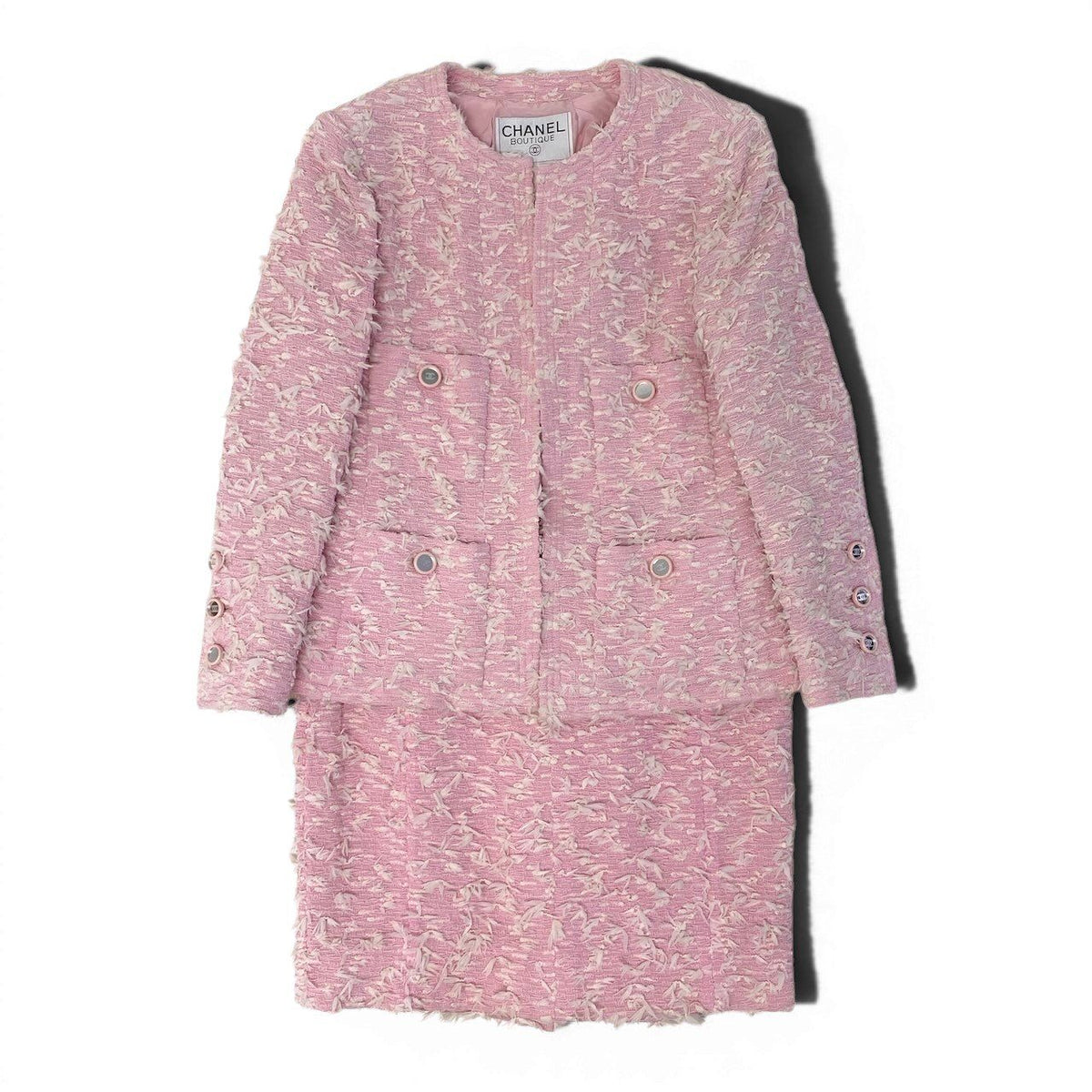 Chanel Boutique Fancy Tweed Jacket Pockets CC Logo Mirror Button Pink — view 2
