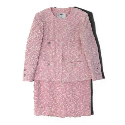 Chanel Boutique Fancy Tweed Jacket Pockets CC Logo Mirror Button Pink — view 2