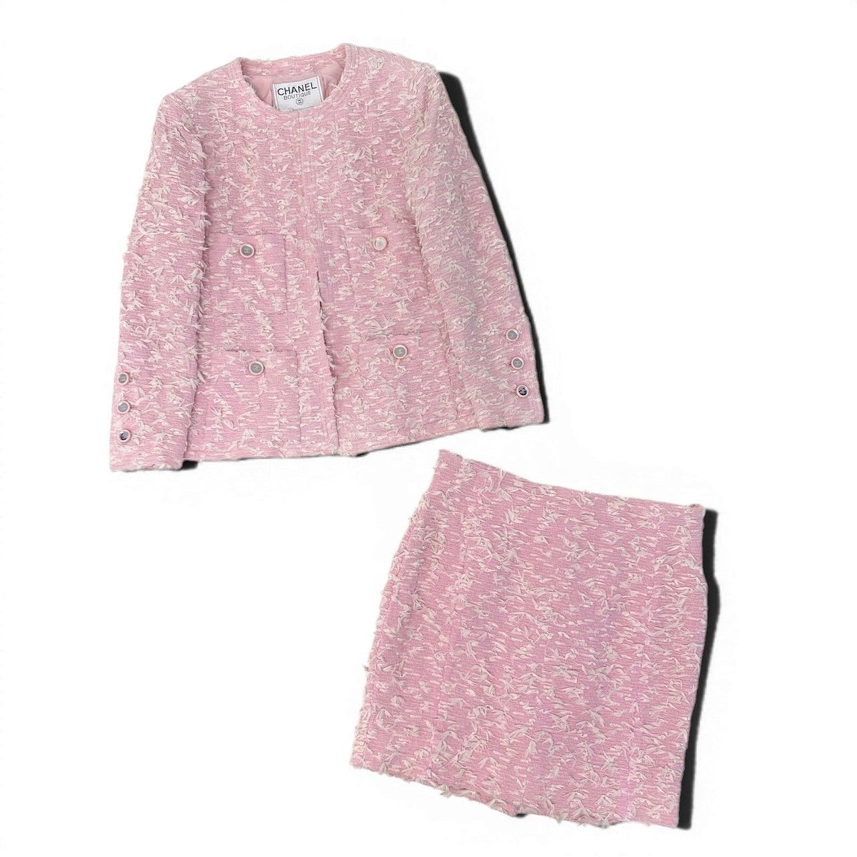 Chanel Boutique Fancy Tweed Jacket Pockets CC Logo Mirror Button Pink — view 3