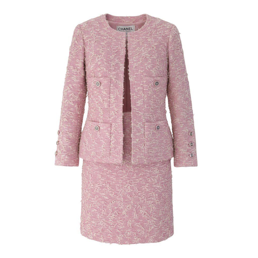 Chanel Boutique Fancy Tweed Jacket Pockets CC Logo Mirror Button Pink