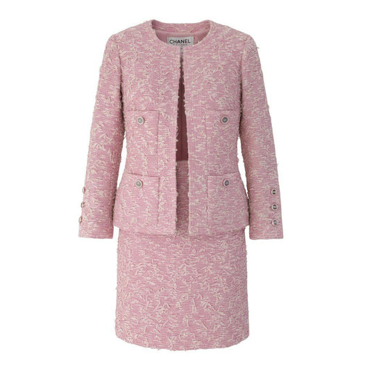 Chanel Boutique Fancy Tweed Jacket Pockets CC Logo Mirror Button Pink