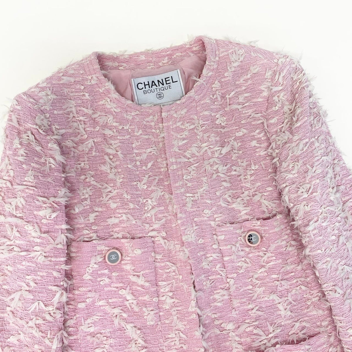 Chanel Boutique Fancy Tweed Jacket Pockets CC Logo Mirror Button Pink — view 4