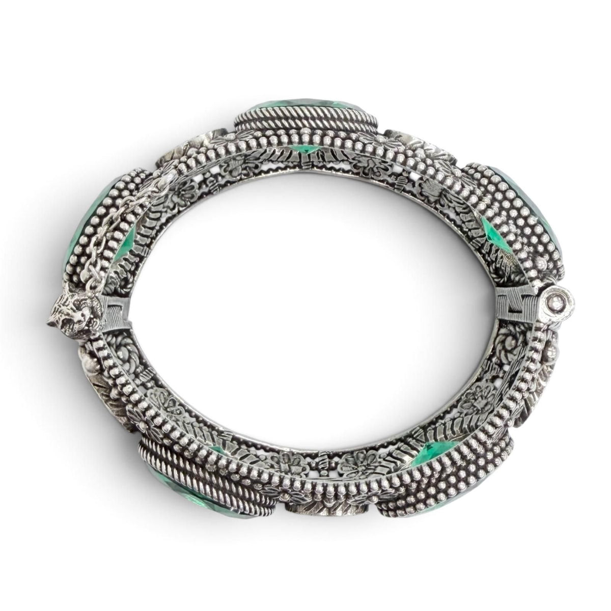 Gucci Interlocking G Flower Cat Head Green Color Stone Bangle Silver 16 Bracelet — view 5