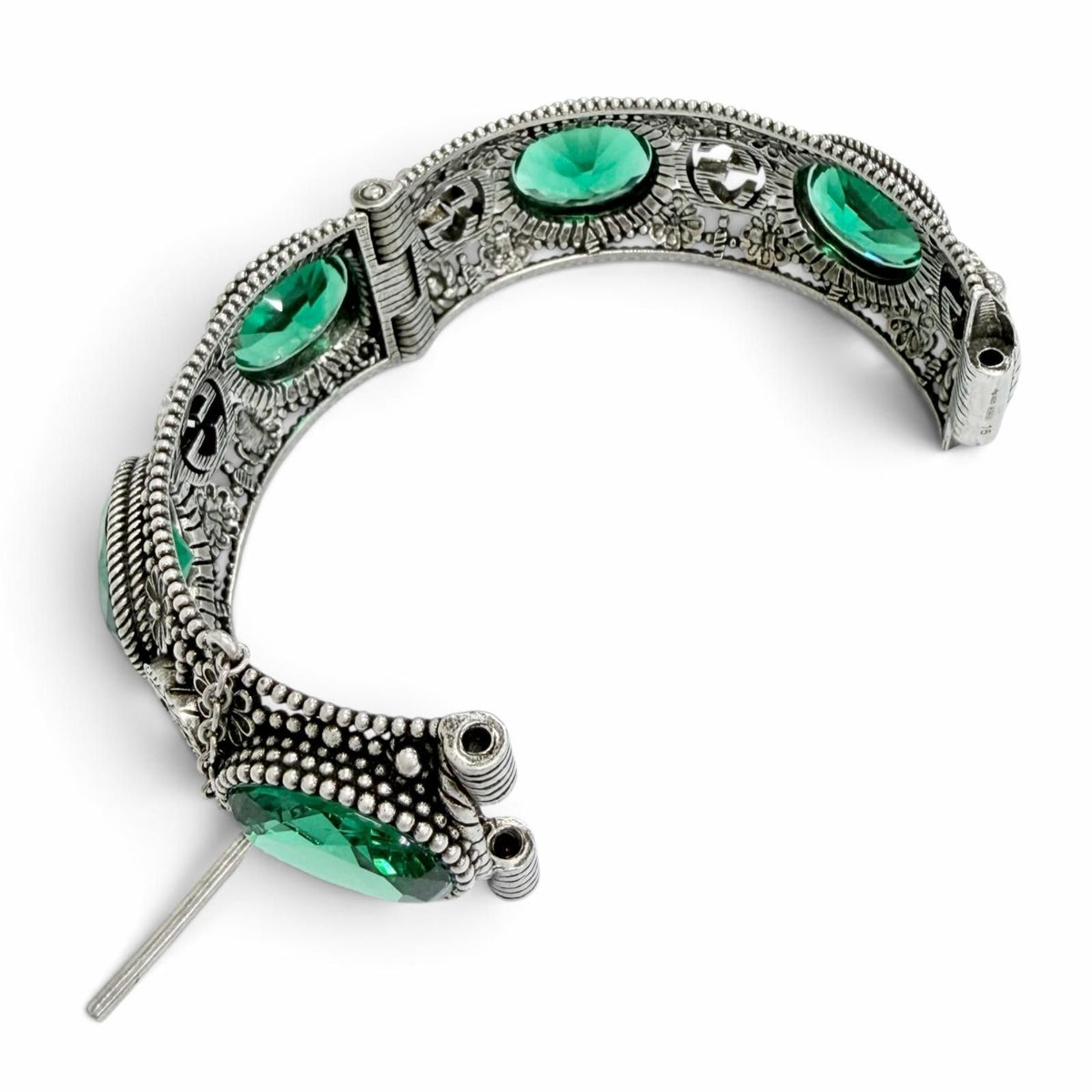 Gucci Interlocking G Flower Cat Head Green Color Stone Bangle Silver 16 Bracelet — view 6