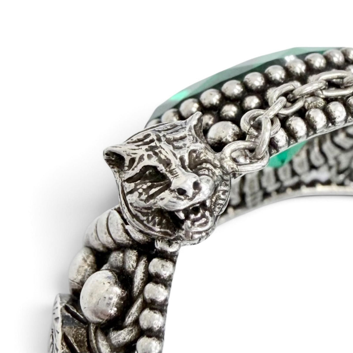 Gucci Interlocking G Flower Cat Head Green Color Stone Bangle Silver 16 Bracelet — view 7