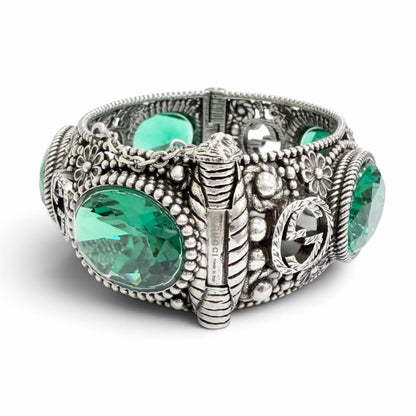 Gucci Interlocking G Flower Cat Head Green Color Stone Bangle Silver 16 Bracelet — view 3