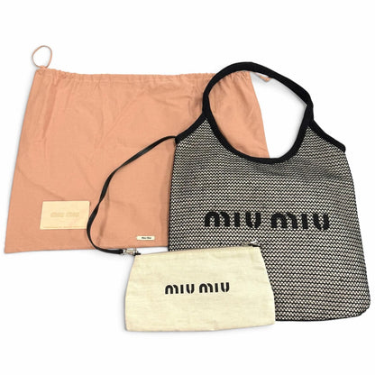Miu Miu Ivy Nero Natural Logo Design Raffia Mesh Tote — view 2