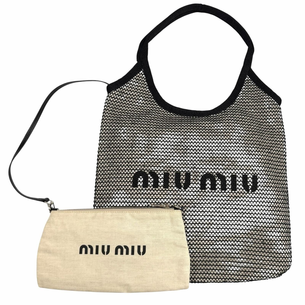 Miu Miu Ivy Nero Natural Logo Design Raffia Mesh Tote