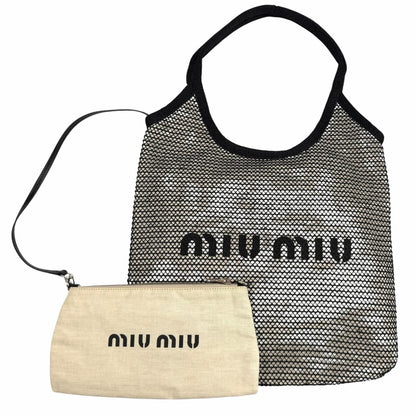 Miu Miu Ivy Nero Natural Logo Design Raffia Mesh Tote